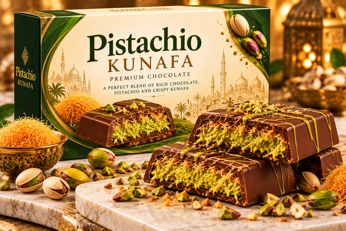 Pistachio Kunafa Chocolate – 200g × 18 Carton